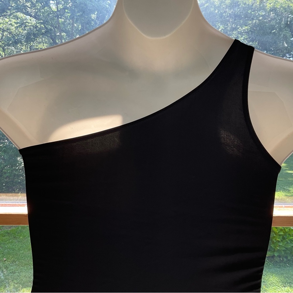 Black One Piece Bathing Suit Peek-a-Boo Mesh inserts One Crossbody Strap NWOT - Picture 3 of 11